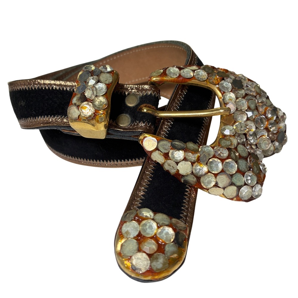 Streets Ahead Leather Suede Crystal Buckle Belt Bronze Black Large Western Glam